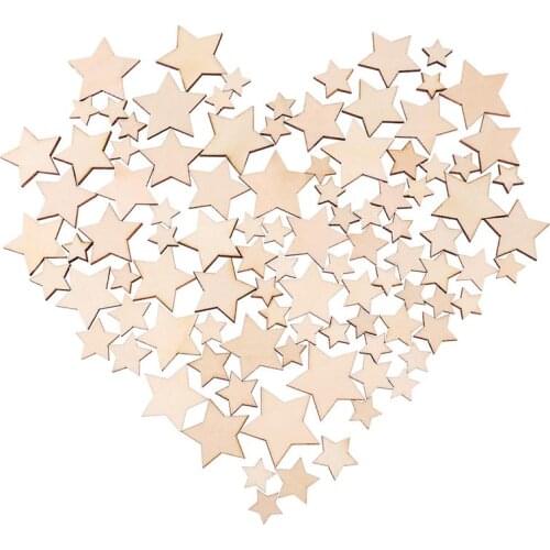 ROSENICE 100pcs Wooden Stars Cutout Discs Assortment Patchwork Arts Wooden DIY Crafts Decoration Wedding Display Decor