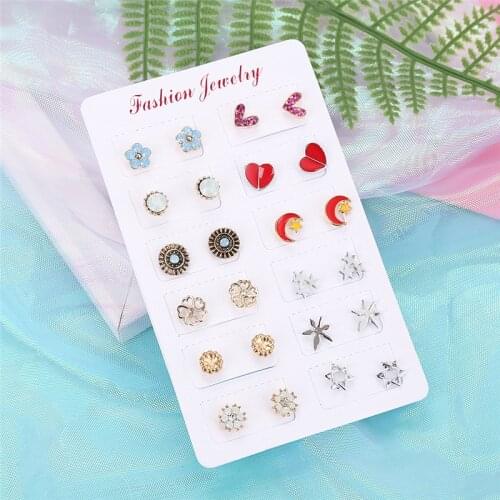 12 Pairs/set New Fashion Stud Earrings for Women Heart Flowers Crystal Silver Color Creative Geometric Earrings Bohemia Jewelry