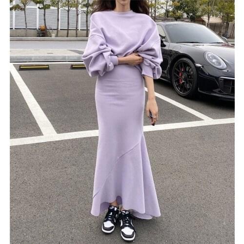 High Waist Wap Hip White Skirt Fashion Casual Autumn 2 Suits Street Thin Pullovers Hoodies O Neck Long Sleeve Top Purple Wild