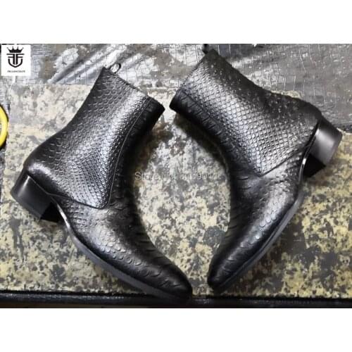 2020 New men boots black leather boots snakeskin print leather Chelsea boots men dress shoes point toe mujer botas med heel 5cm