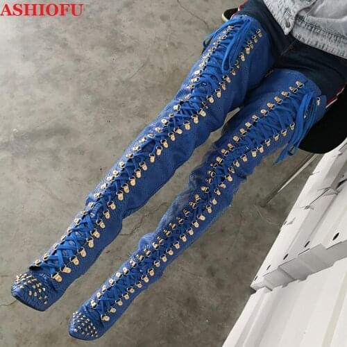 ASHIOFU Handmade Hot Sale Ladies Thigh High Boots Cross-shoelace Rivets Spikes Over Knee Boots Stripper Club Evening Boots Shoes