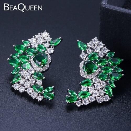 BeaQueen Sparkly CZ Crystal Inlay Green Heart Cubic Zirconia Big Brand Stud Earrings Royal Women Fashion Jewellery E005