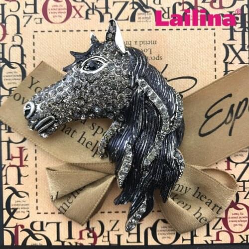 Free shipping 50pcs/lots rhinestone black horse head brooch pins