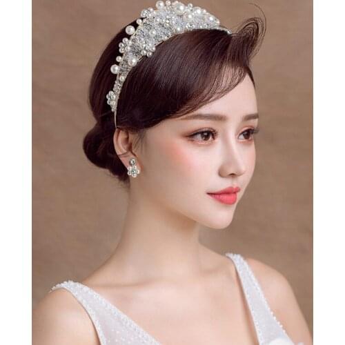 Beaded Crystal Pearl Rhinestone Crown Earring Set Hair HoopBridal Knot Wedding Dress Banquet Headdress Accessories Jewelry Set