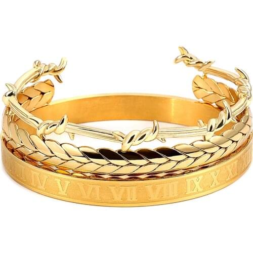 New Gold Color 3pcs/Set Roman Numbers Bracelets & Bangles For Men Stainless Steel Pulseira Men Punk Thorns Jewelry Accessories