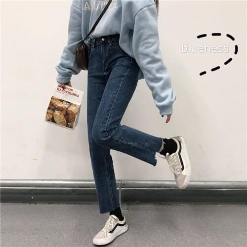 Spring 2021 New Slim Womens Trousers Jeans Blue Tigh High Waist Straight Ankle Length Pants Elastic Pencil Pant Streetwear