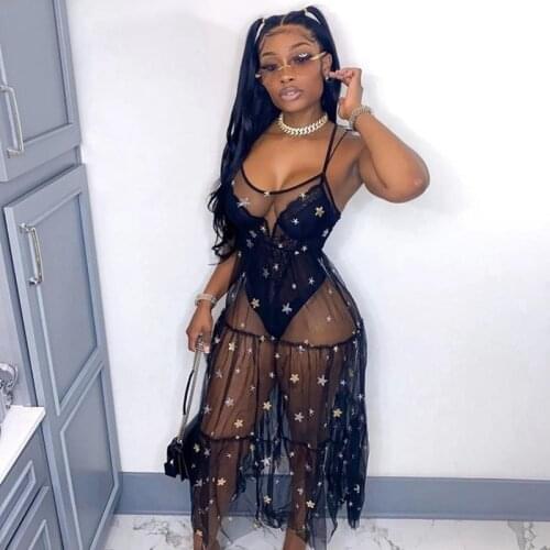 Sequins Long Black Sexy Dress Women Summer Beach Sheer Mesh Ruffles Spaghetti Strap Dress Clubwear Transparent Boho Maxi Dress