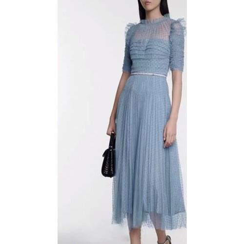 Dot Long Mesh Dress 2021 Spring Self Portrait Elegant Short Sleeves Stitching Ruffles Blue Perspective Polka