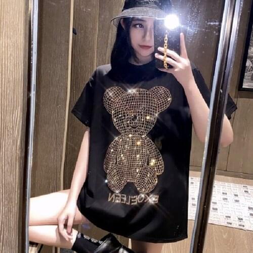 New Fashion Womens T-shirt Cartoon embroidery diamond 3D Bear Print Womens Short Sleeve 2021 Summer Oversize Cotton Womens Tee
