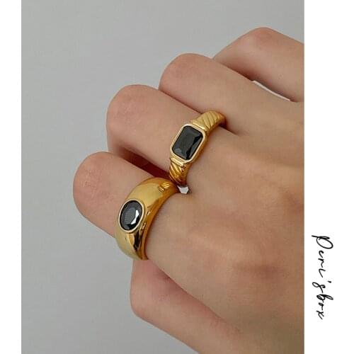 PerisBox Gold Color Titanium Steel Spiral Micro Inlay Black Zircon Rings For Women Individuality Trendy Street Punk Chunky Ring