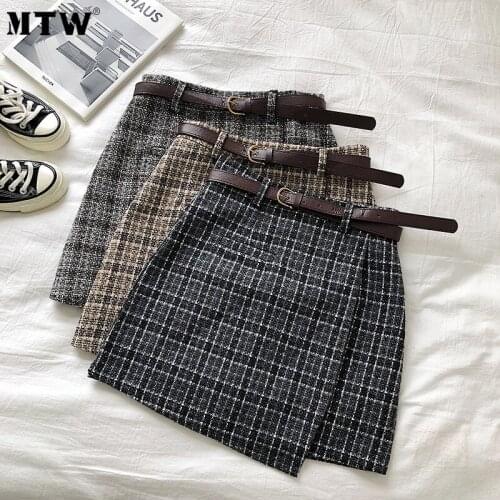 Korean Irregular Skirt With Belt Autumn Sweet High Waist A-line Mini Skirt 2020 Vintage Casual Plaid Print Skirts