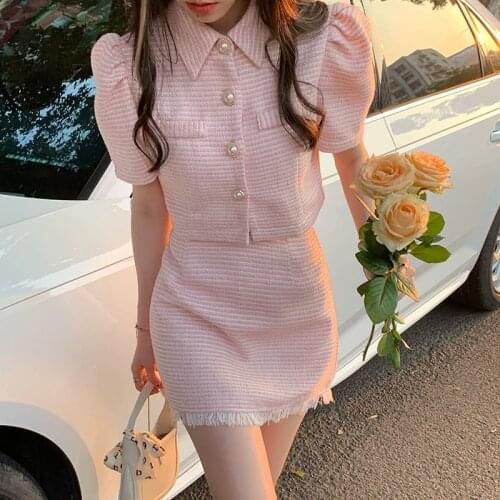 Korean Summer Pink Two 2 Piece Set Women Skirt Short Sleeve Crop Tops and High Waist Tassle Mini Bodycon Skirt Outfits Vintage