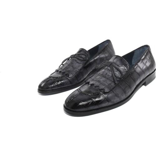 SHENBINs Handmade Grey Formal Party Loafers, Real Calf Leather with Croco Pattern, Genuine Leather Sole, Patina Gradient Color
