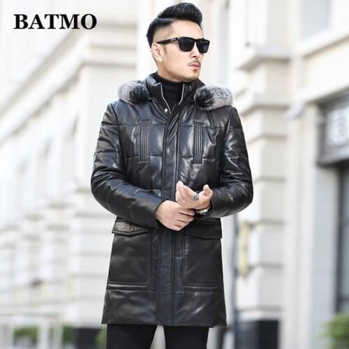 BATMO 2020 new arrival winter 90% white duck down natural real sheepskin hooded jackets men,mens fox fur collar leather jackets