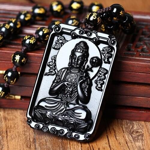 Natural Black Obsidian Beads Necklace Hand-Carved Buddha Jade Pendant Fashion Charm Jewelry for Man Women Amulet Lucky Gifts
