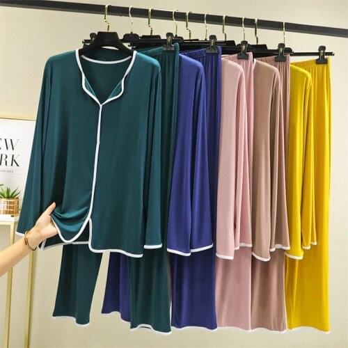 Autumn Winter New Modal Sleepwear Womens Homewear V-Neck Long Sleeve Loose Nightwear Set Casual Simple Pajamas Two-Piece Suit