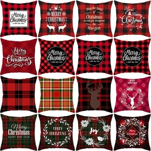 Christmas Decorative Elk Pillowcases Polyester Merry Christmas Santa Claus Throw Pillow Case Bolster Cover 45cmx45cm Red Grid