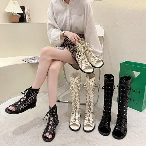 New Fashion Sandals Women 2021 Strappy Hollow Thin Mesh Sandals Women Wear Summer Flat Fish Mouth Sandals Popular Style
