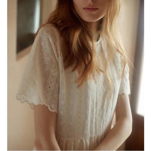 Beige Short-sleeved Chiffon Embroidered Dress Round Neck High Waist Loose Straight Temperament Long Skirt Summer New Style