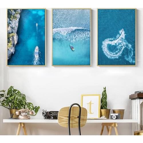 Scandinavian Style Blue Sea And Launch Landscape Art Canvas Painting Sea Art Wall Pictures For Living Room Bedroom Decor Paints