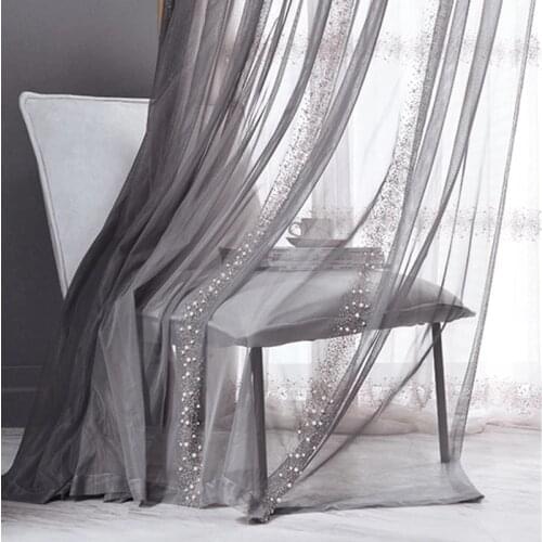 Side Pearl Embroidered Tulle Curtains for Living Room Bedroom Grey Romantic Luxury Beads Sliding Door Balcony Window Drapes