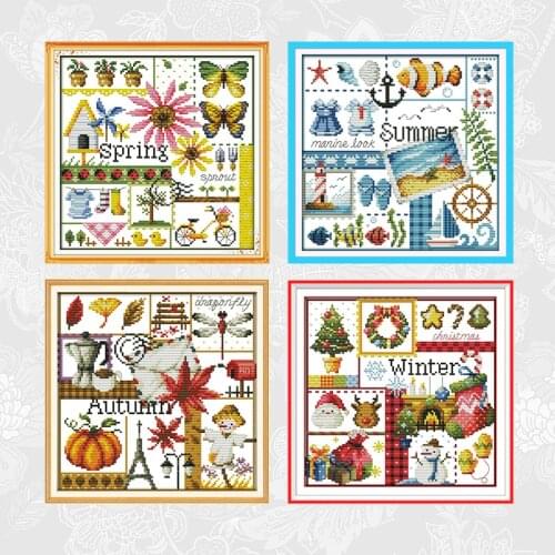 Four Seasons Cross-stitch Printed Patterns Aida Canvas Chinese Embroidery Sets DIY Handmade Needlework Cross Stitch Kits