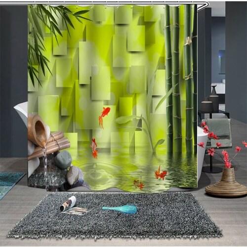 Custom Made Shower Curtain Bathroom Curtain Partition 1.5 x 1.8m 1.8 x 1.8m 1.8 x 2m Cobblestone Bamboo Fish Green