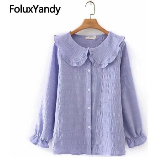 Peter Pan Collar Women Blouse Plus Size Shirts Loose Casual Long Sleeve Blouse 3XL 4XL Chemise KKFY5653