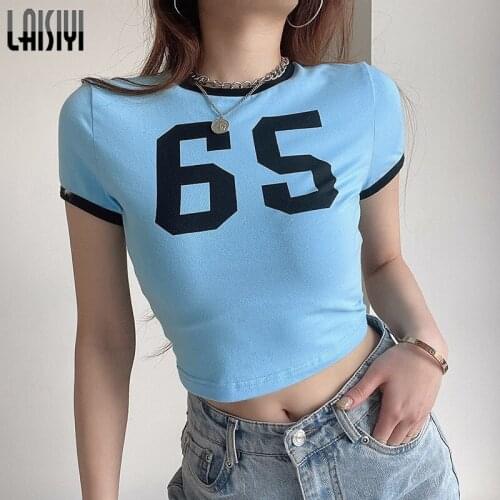 LAISIYI Round Neck Patchwork Letter Print Skinny Chic Woman T Shirts Slim Casual Simple Daily Short Sleeve Crop Top Streetwear