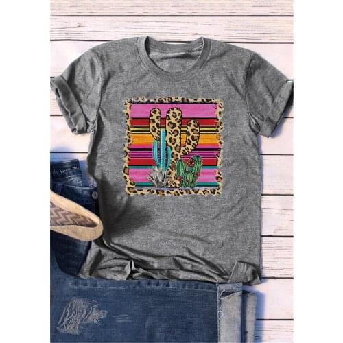 Cactus Leopard Printed Vintage Women Tshirt O-neck Short Sleeve Harajuku T-shirt Cute Colorful Graphic Tees Ladies Korean Tshirt