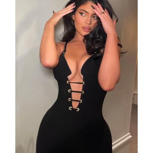 Women Summer Fashion Luxury Sexy Deep V Neck Black Bodycon Bandage Jumpsuit 2021 Celebrity Designer Bodycon Rompers Female