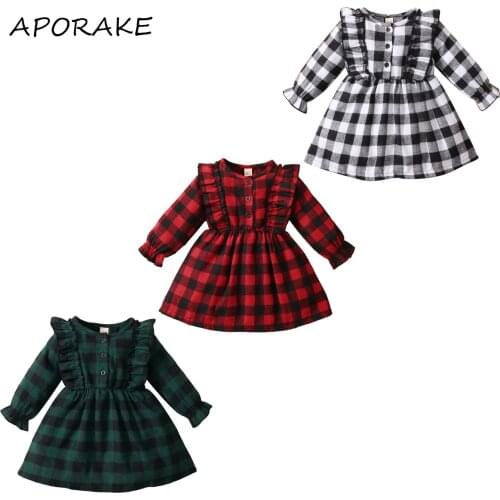 2021 0-4Y Toddler Girls Dress Plaid Print Ruffle Shoulder Long Sleeve Button A-line Dress Spring Autumn Casual Clothes