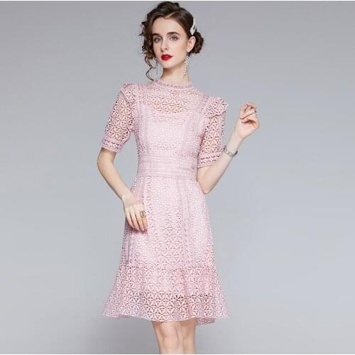 2021 New Summer Women Elegant Slim Party Dress High-end Custom Hook Flower Hollow Chemical Lace Runway Dress