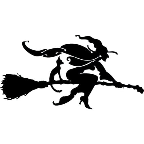 15.5cm*7.9cm Witch And Cat On Broomstick Interesting Vinyl Car-styling Car Sticker Decals Decor Black/Silver S6-3914