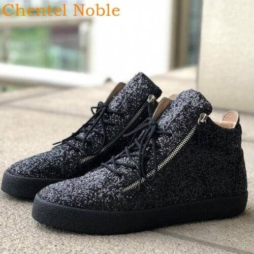 2020 Chentel Noble Leather Men Casual Shoes Party Shoes Men Bling Sequined Flats Sneakers Zipper Lace-Up Unisex Big Size
