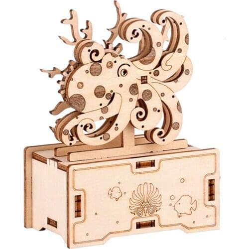 3D Puzzles Wooden Octopus Hand Crank Music Box Assembly Toy DIY Assembled Mode Model Building Block Kits Gift