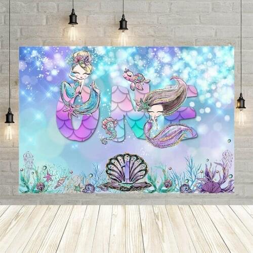 Avezano Girl Mermaid 1st Birthday Party Phtography Background Glitter Bokeh Coral Shell Banner Backdrop Photocall Photo Studio