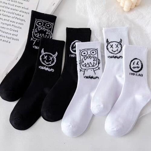 Black White Anime Long Socks Women Men Japanese Cartoon Street Fashion Harajuku Sports Basketball Couple Happy Funny Devil Socks