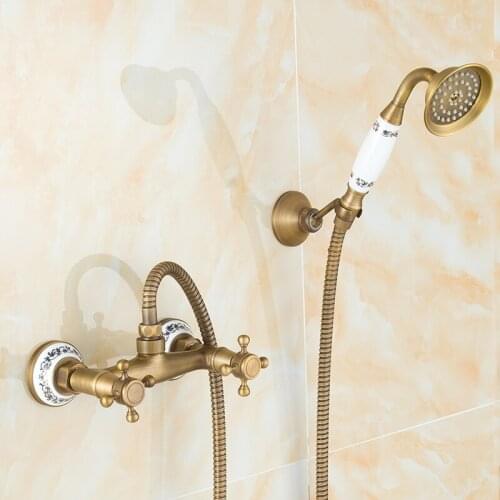 European antique copper shower faucet set water hot and cold, Vintage wall mounted shower set bathroom shower faucet mixer tap