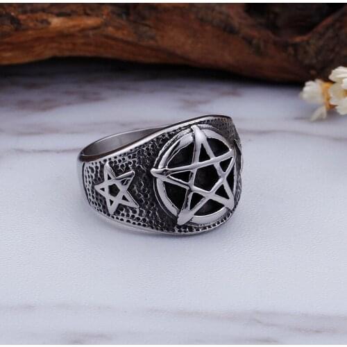 316L Stainless Steel Gothic Biker Wide 17mm Ring Mens Religious pentagram design Jewelry US SIZE 8-12