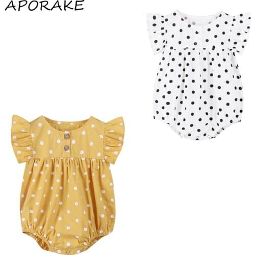 2021 0-24M Sweet Toddler Girls Summer Romper Baby Polka Dot Henley Neck Ruffled Sleeves Jumpsuit with Crotch Buttons Outfit