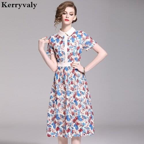 Lapel Printed Water-soluble Lace Summer Dress Vestidos De Verano Mujeres 2021 Women Midi Party Dress Zomer Jurk Dress K6375