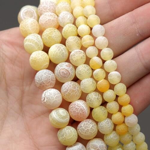 Lemon Yellow Matte Frost Cracked Round Beads Fire Dragon Vein Agates Natural Stone Beads 6 8 10MM For DIY Jewelry Making