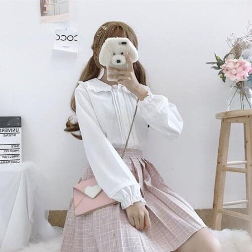 Fashion Peter Pan Collar Lolita Blouse Kawaii Long Sleeve White Shirt Lantern Sleeve Top Teen Preppy Style School Girl Party