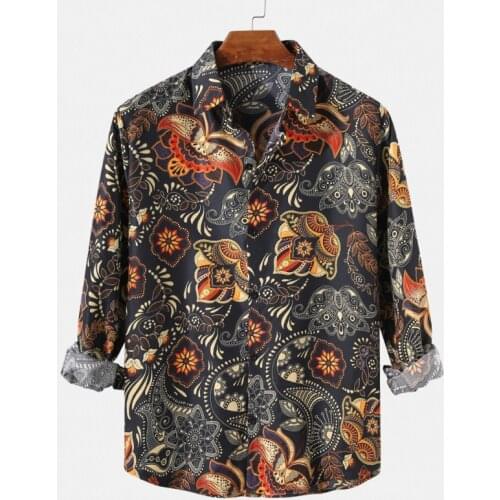 2021 Fashion Mens Vintage Ethnic Floral Print Casual Shirt Fit Lapel Holiday Long Sleeve Top Men Shirts