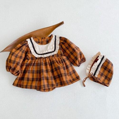 2021 New Baby Girl Clothes Autumn Long Sleeve Baby Plaid Bodysuit Cotton Toddler Jumpsuit Newborn Dress With Hat Outfits