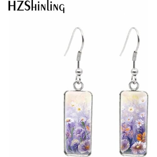 2021 New Blue Cornflowers Rectangular Earring Spring Flowers Fish Hook Earrings Glass Cabochon Handmade Jewelry