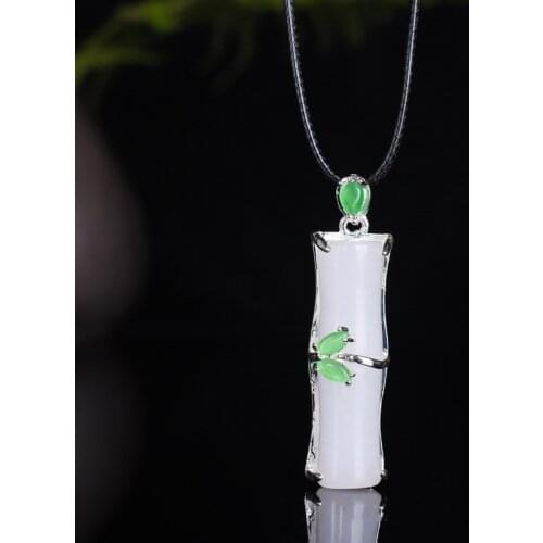 Natural White Chalcedony Hand Carved Bamboo Pendant Fashion Jewelry Men and Womens 925 Silver Inlaid Necklace