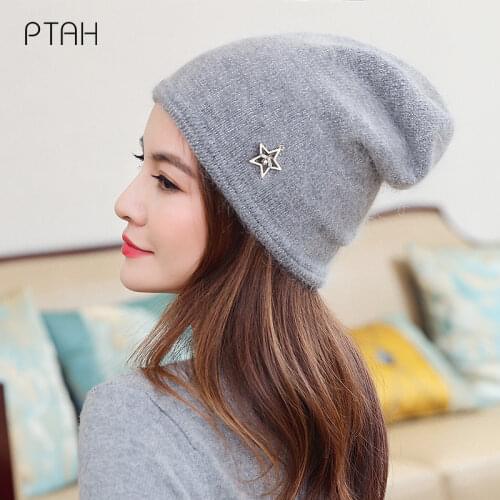 [PTAH] Knitted Hat Women Winter Hats for Women Ladies Brand Pure Color Outdoor Girl Cap Female Fashion Skullies Beanies Warm Hat