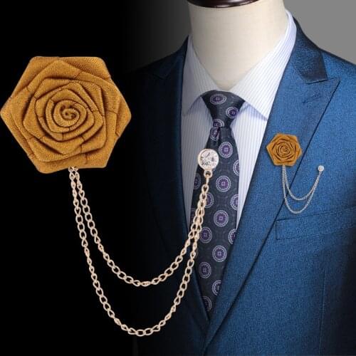 Luxury Fabric Rose Flower Brooch Pins Crystal Tassel Chain Badge Suit Corsage Party Wedding Fashion Jewelry for Men Accessories